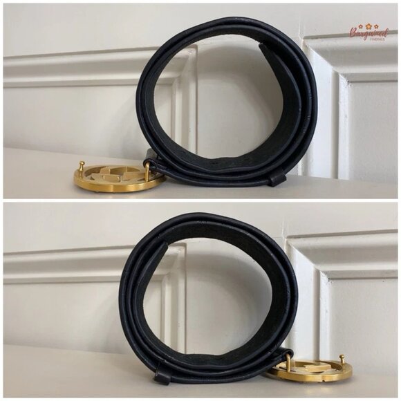 Authentic Gucci Black Leather Gold Studded Interlocking G Buckle Belt Size 80/32 - Picture 9 of 13